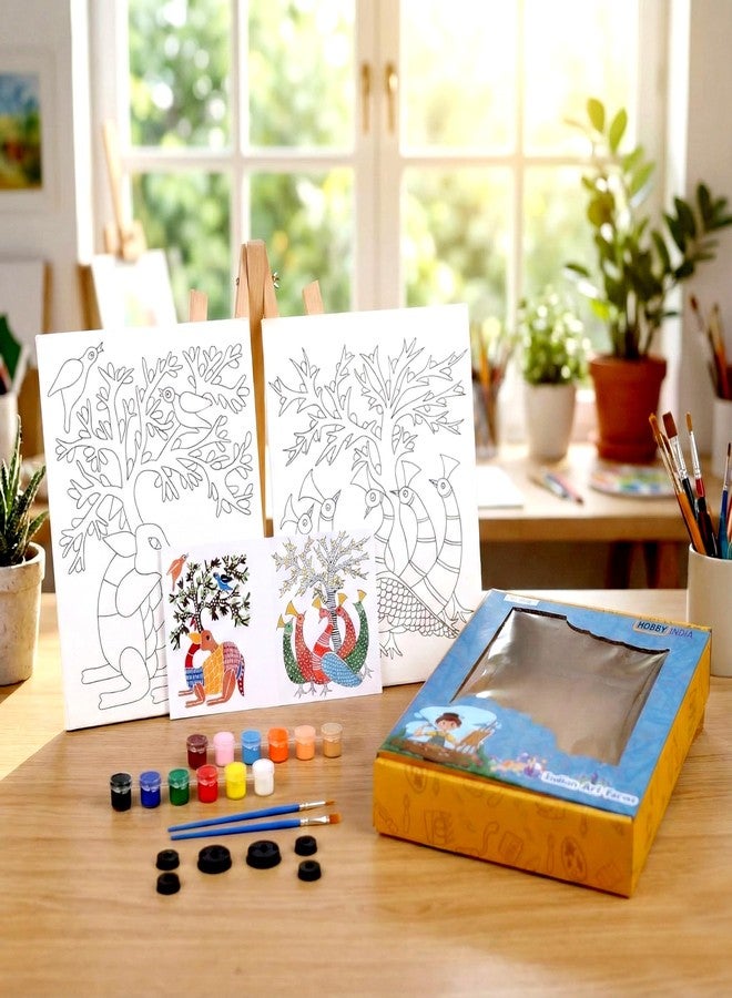HOBBY INDIA مجموعة أدوات الرسم على القماش من هوبي إنديا للأطفال والكبار | فنون وحرف يدوية للبنات والأولاد | ديكور منزلي، غرفة نوم، غرفة معيشة، مكتب، وجدار | هدية عيد ميلاد أو هدية تذكارية | فن هندي (فن غوند) - Image 1